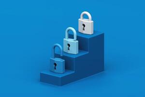 Security Steps, Conceptual representation of security progression, depicting padlocks ascending staircase, each symbolizing stages of protection, 3d rendering photo