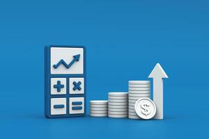 Calculator, stacked coins, and upward arrow symbolizing financial growth, investment success, and economic progress, 3d rendering photo