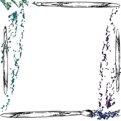 Make-up paint artistic supply bristle sponge brush smudges. Isolated border square frame, detailed line ink sketch hand drawn. Beauty parlor illustration, cosmetics shop, art studio, packaging