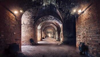 A long tunnel with brick walls and light coming from the ceiling photo