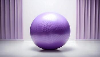 A purple exercise ball sits in front of a window photo