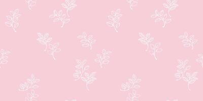Pastel seamless pattern with minimalist white line drawn branches with leaves on a soft pink background. Plain ornament for elegant textiles, wallpaper, packaging, modern graphic designs. vector