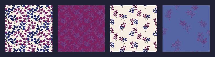 A collection of seamless botanical patterns with delicate leaves in elegant purple and navy tones. Ideal for fabric design, wrapping paper, wallpapers, and stylish autumn-inspired projects. vector