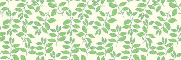 Fresh seamless pattern featuring green leaves and branches on a soft cream background. Ideal for eco-friendly designs, nature-inspired decor, textiles, wallpapers, and modern graphic projects. vector