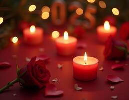 Valentine's Day background with red rose, candles and bokeh photo