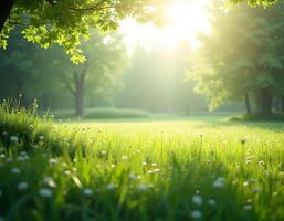 Green meadow with dandelions and sun rays. Spring landscape. photo