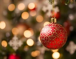 Christmas bauble hanging on christmas tree with bokeh background photo