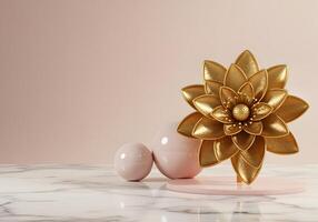 3d render of golden flower and two pink eggs on white marble background photo