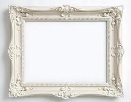White picture frame on a white wall. Horizontal photo with copy space