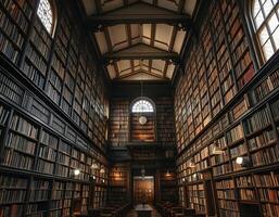 Inside of an old school library with rows of books and large windows photo