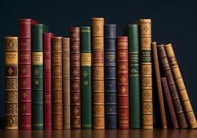 A row of old books on a wooden table against a dark background photo