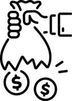 A line style icon of a ripped bag showing money loss vector