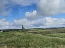 A view of a grassy field with a tall tower in the distance photo