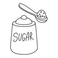 doodle illustration of a closed sugar bowl with a spoon full of sugar is suitable for use in promotional materials, packaging, culinary blogs, and content related to home cooking or kitchen products. vector