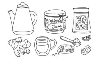 Tea motifs set with tea packaging, kettle, jam, biscuits, ginger, sugar and lemon. Suitable for use in promotional materials, packaging, blogs, tea and treat related content. Tea ceremony vector