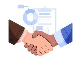 An illustration featuring a handshake between two individuals with different skin tones, against a background of business charts and reports, symbolizing diversity in business partnerships. vector