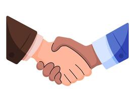 An illustration of a handshake between two individuals with different skin tones, symbolizing diversity, agreement, and partnership. vector