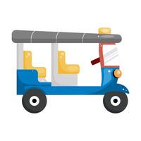 A illustration of a colorful tuk tuk, a traditional Thai three wheeled vehicle, in a flat design. This image is perfect for travel, transportation, and cultural designs. vector