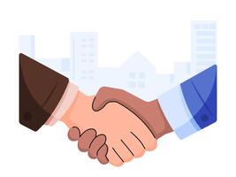 An illustration featuring a handshake between two individuals with different skin tones, against a backdrop of a cityscape, symbolizing diversity in urban business partnerships and agreement. vector