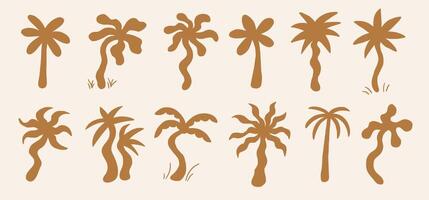 Groovy boho silhouette palm tree. Hand drawn wavy plants summer vector