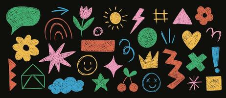 Grange punk elements with chalk or pen texture. Scribble marker art. Geometric textured figures and flower. Design multicolor elements vector