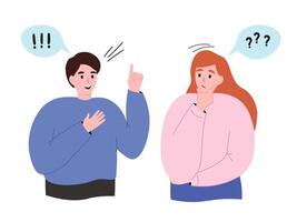 Argument between a guy and a girl, expressing their opinions, ideas, doubts. Search for a solution. Discussion of issues, dialogue. flat graphics. vector