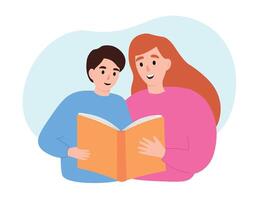 Mother and son reading together. Student learning process. Woman and child looking at book. flat graphics. vector