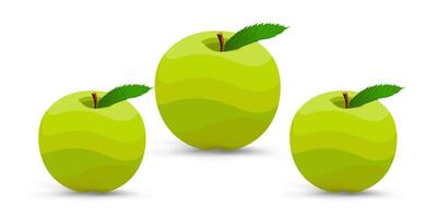 Set of three fresh green apples with single green leaf on isolated background, three realistic gradient mesh apples design, isolated on white, , illustration vector