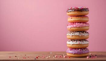 Vibrant Donuts Stack with Assorted Icing and Sprinkles on Wooden Surface with Pink Background for Bakery Promotions photo