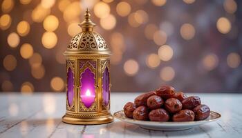 Elegant Lantern for Ramadhan with Purple Glass and Dates Against a Festive Bokeh Background for Iftar Mubarak photo
