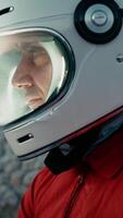 Astronaut With Helmet Looks Around And Opens Helmet Visor In New Planet video