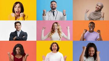 A joyful collection of adults and kids expressing emotions of success and happiness. Each individual showcases a unique gesture of victory against colorful backgrounds. video