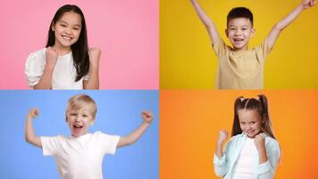 A diverse group of children show excitement and joy with winning gestures. Their happy expressions convey success and triumph against vibrant pastel backgrounds, creating a lively atmosphere. video