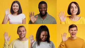 A cheerful group of diverse individuals are seen waving and smiling in a collage on a bright yellow background. Their energetic gestures convey a warm, friendly atmosphere and positive emotions. video