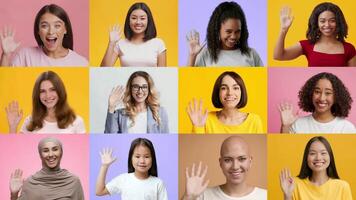 A cheerful collection of diverse individuals smiling and waving hello. Each person represents a unique background, creating a vibrant display of friendly greetings and positivity. video