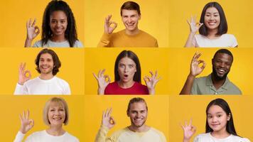 A lively collage of individuals from various backgrounds expressing the okay gesture with their hands. Their joyful expressions are highlighted against a vibrant yellow backdrop. video