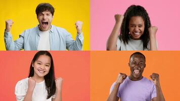 In a lively setting, a diverse group of adults and kids express their joy and excitement with victorious gestures. Each person radiates happiness, embodying a sense of triumph and togetherness. video