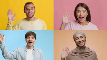 A vibrant collage features four individuals from diverse backgrounds happily waving their hands in greeting. Each person shows excitement, set against bright, colorful backgrounds. video