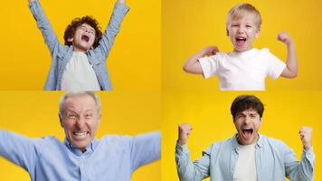 Four people express their joy and excitement with enthusiastic gestures against a bright yellow background. Each individual showcases happiness and triumph in various poses. video