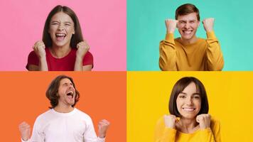 A cheerful group of diverse adults and children display their excitement and victory through lively gestures. Their expressions reflect happiness and a sense of achievement against bright backgrounds. video