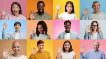 A collection of individuals from diverse backgrounds happily waving and greeting viewers. Their cheerful expressions and friendly gestures convey positivity and warmth in a vibrant setting. video