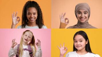 Four diverse women express joy while making an okay gesture against vibrant backgrounds. This colorful arrangement highlights their unique styles and cultures in a lively setting. video