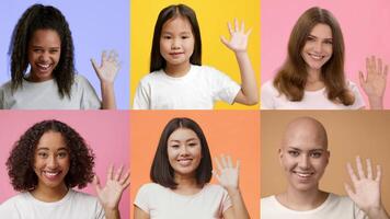 A collection of six diverse individuals happily greeting the viewer with smiles and hand waves. Each person is set against a vibrant, colorful background, showcasing unity and joy. video
