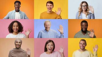 A vibrant collage showcases a diverse group of individuals happily waving hello. Each person expresses warmth and friendliness against colorful backgrounds, creating an uplifting atmosphere. video