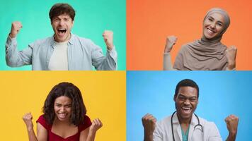 A diverse group of adults and children expresses joy and triumph through cheerful gestures. Different backgrounds and emotions showcase unity and happiness in moments of success. video