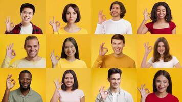 A collection of diverse individuals show the okay gesture, each with unique expressions and styles. The bright yellow background enhances the lively atmosphere, promoting inclusivity and positivity. video