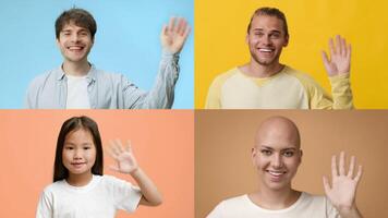 Four individuals from different backgrounds wave hello in a colorful collage. Each person smiles and shares a warm greeting, capturing a spirit of connection and inclusivity. video