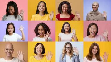 A vibrant collection showcases diverse individuals of different ages, all smiling and waving their hands in a joyful greeting. The background features bright, colorful tones. video