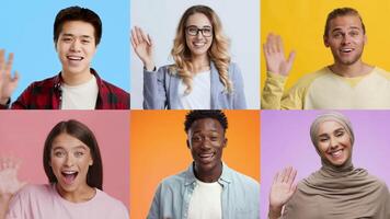 A collection of six diverse individuals happily waving hello against vibrant backgrounds. Their positive emotions reflect joy and friendliness, showcasing unity in diversity. video