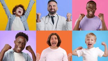 In a colorful collage, a diverse group of cheerful individuals express their excitement and happiness after a successful achievement, showcasing various joyful gestures and expressions. video